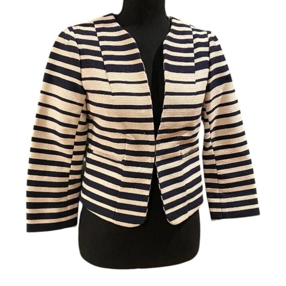 Anthropologie ISANI Blue & Cream Textured Striped Crop Jacket Sz 4